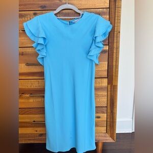 Amanda Uprichard Sky Blue Midi Dress with Ruffle Sleeves